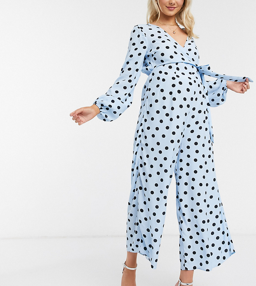 ASOS DESIGN maternity – Blå, prickig jumpsuit med omlott och knytning-Olika färger