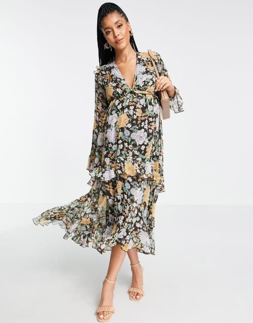 ASOS DESIGN Maternity – Blommig midiklänning med volang, djup ringning och knytning baktill , 2 av 3