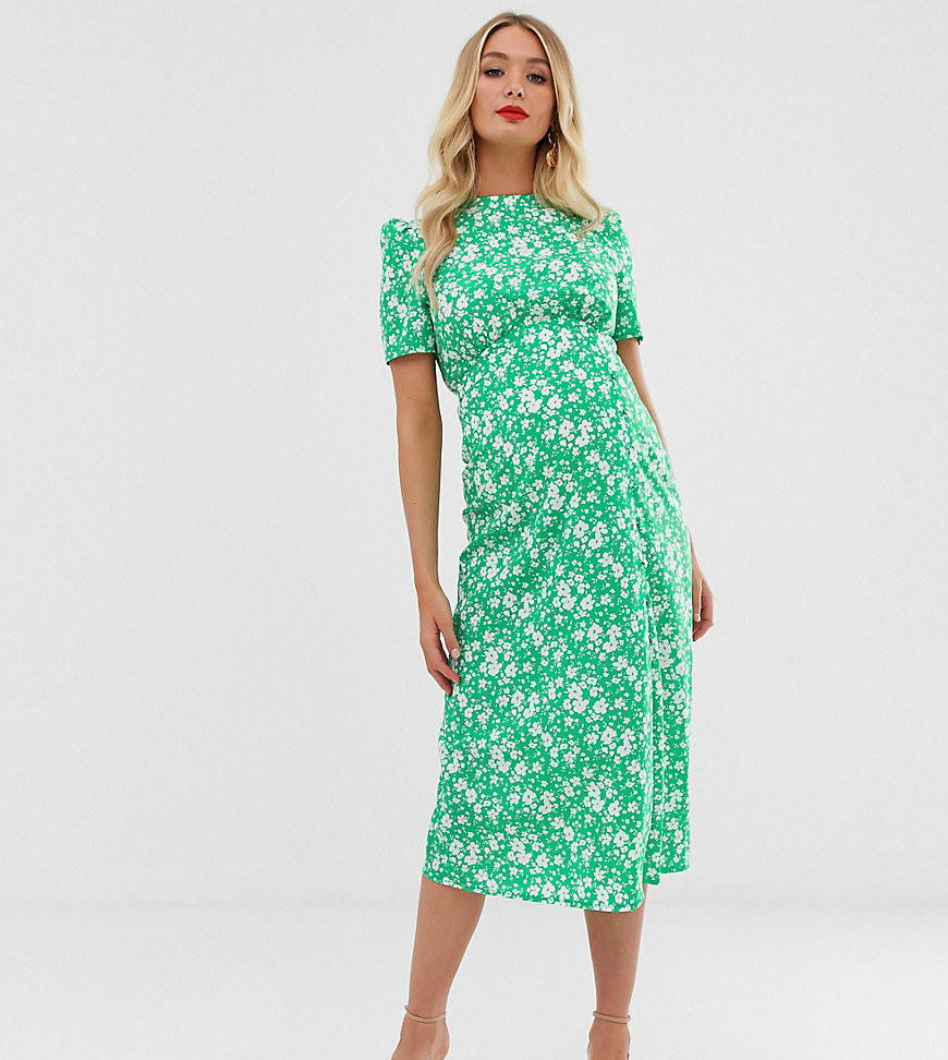 ASOS DESIGN Maternity – Blommig tea-klänning i midimodell med knäppning-Flerfärgad