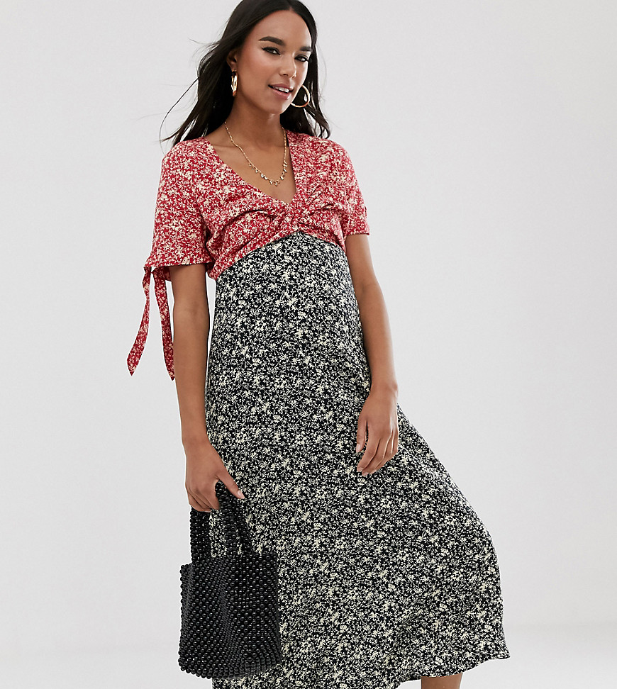 ASOS DESIGN Maternity – Blommig teaklänning i midimodell med snurrad knut framtill-Flerfärgad