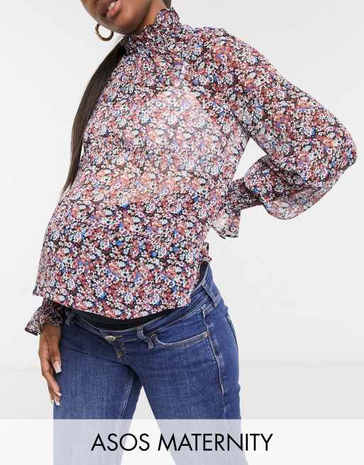 ASOS DESIGN Maternity - Blouse manches longues à fleurs avec col et poignets froncés