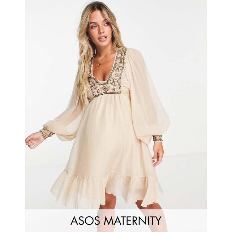 ASOS DESIGN Maternity blouson sleeve mini dress with floral embellished  bodice detail in stone