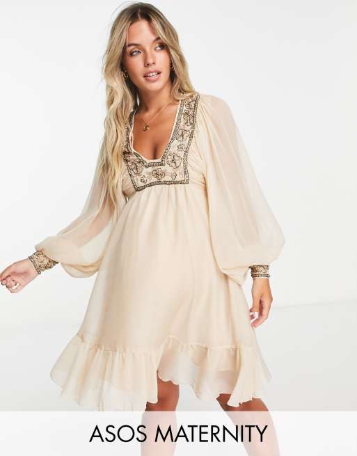 ASOS DESIGN Maternity blouson sleeve mini dress with floral embellished  bodice detail in stone