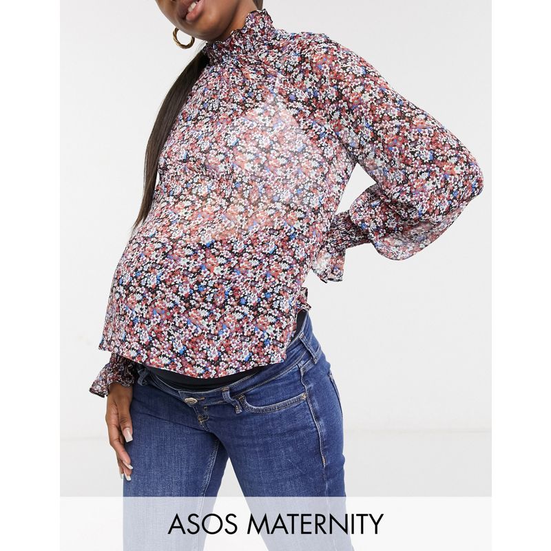 AggWL Camicie e bluse DESIGN Maternity - Blusa a maniche lunghe con collo e polsini arricciati a fiori