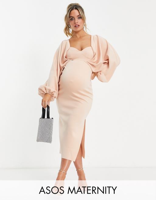 ASOS DESIGN Maternity - Bodycon-minikjole med flagrende ærmer og hjerteformet hals i lys gyldenbryn