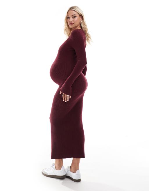 ASOS DESIGN Maternity - Bordeauxrød maxikjole i strik med rund hals og slidser i ærmekanterne, 3 af 4
