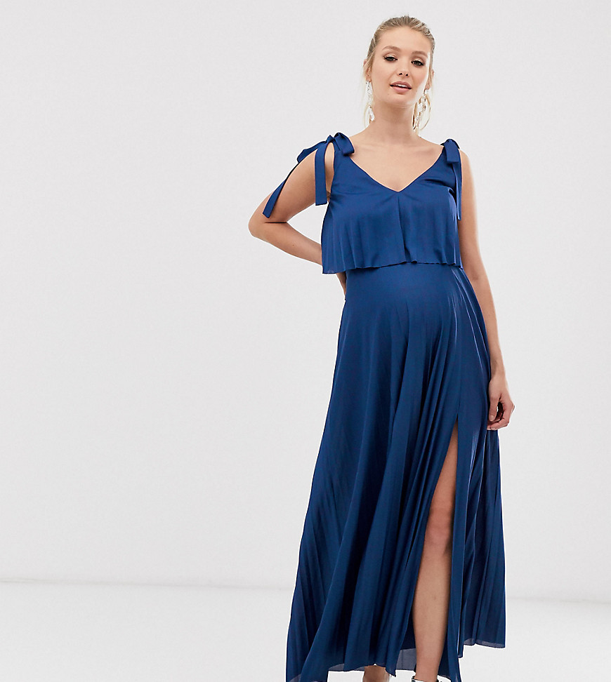 Asos Maternity - Asos design maternity - borstvoeding - lange geplooide jurk met crop top en gestrikte schouders-marineblauw