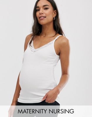 ASOS DESIGN Maternity - Borstvoedingscami met kanten rand en ribbels-Wit