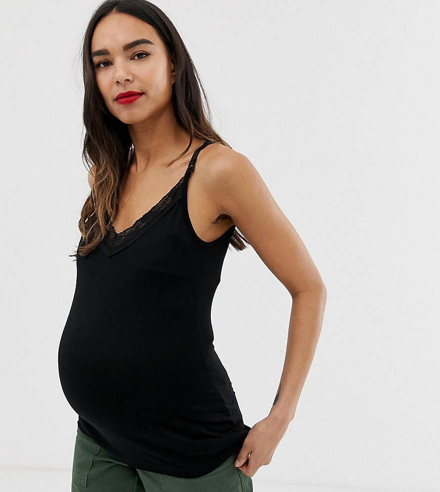 ASOS DESIGN Maternity - Borstvoedingscami met kanten rand in zwart