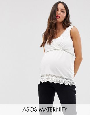 ASOS DESIGN Maternity - Borstvoedingstop met gehaakte rand en peplum in ecru-Wit