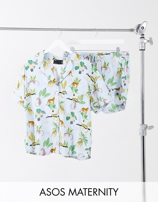 ASOS DESIGN Maternity botanical cheetah 100% modal shirt & short pyjama set in blue