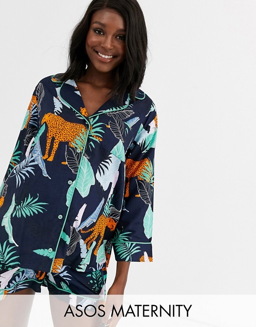 ASOS DESIGN Maternity botanical tiger shirt & short 100% modal pyjama
