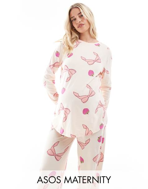 ASOS DESIGN Maternity bow and fruit long sleeve top & trouser pyjama set in pink - view 1