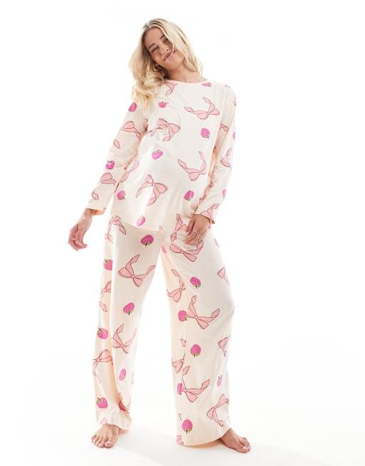 ASOS DESIGN Maternity bow and fruit long sleeve top trouser pyjama set in pink