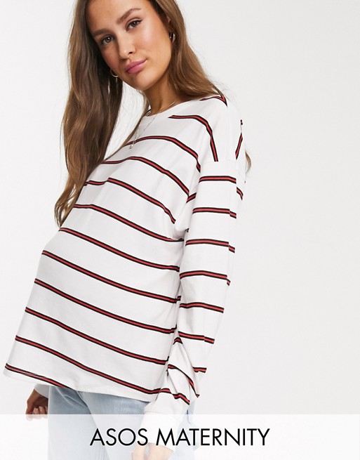 ASOS DESIGN Maternity boxy long sleeve top in mixed stripe in white