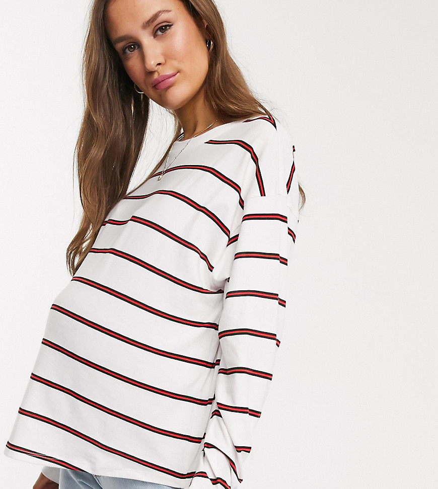 ASOS DESIGN Maternity boxy long sleeve top in mixed stripe in white-Multi