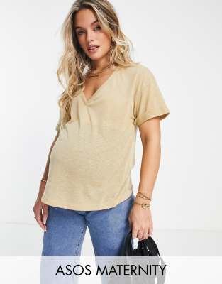 ASOS DESIGN Maternity boxy T-shirt in linen mix in stone-Gray