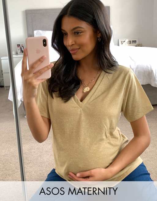 ASOS DESIGN Maternity boxy t-shirt with v neck in linen mix in oatmeal