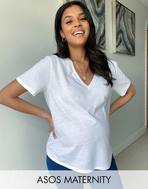 ASOS DESIGN Maternity boxy t-shirt with v neck in linen mix in white