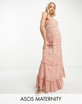 ASOS DESIGN Maternity Bridesmaid cami embellished maxi dress with embroidery in rose