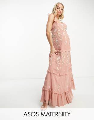 Asos Maternity Asos Design Maternity Bridesmaid Cami Embellished Maxi Dress With Embroidery In Rose-pink