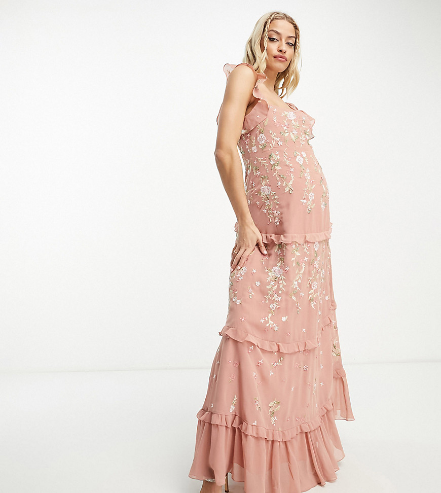 Asos Maternity Asos Design Maternity Bridesmaid Cami Embellished Maxi Dress With Embroidery In Rose-pink