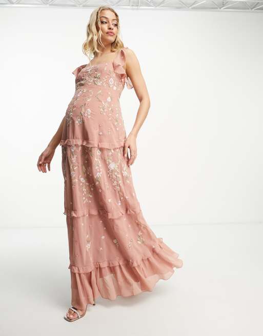 ASOS DESIGN Maternity Bridesmaid cami embellished maxi dress with embroidery in rose