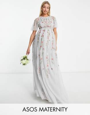 ASOS DESIGN Maternity Bridesmaid floral embroidered maxi dress with  embellishment in soft blue | ASOS