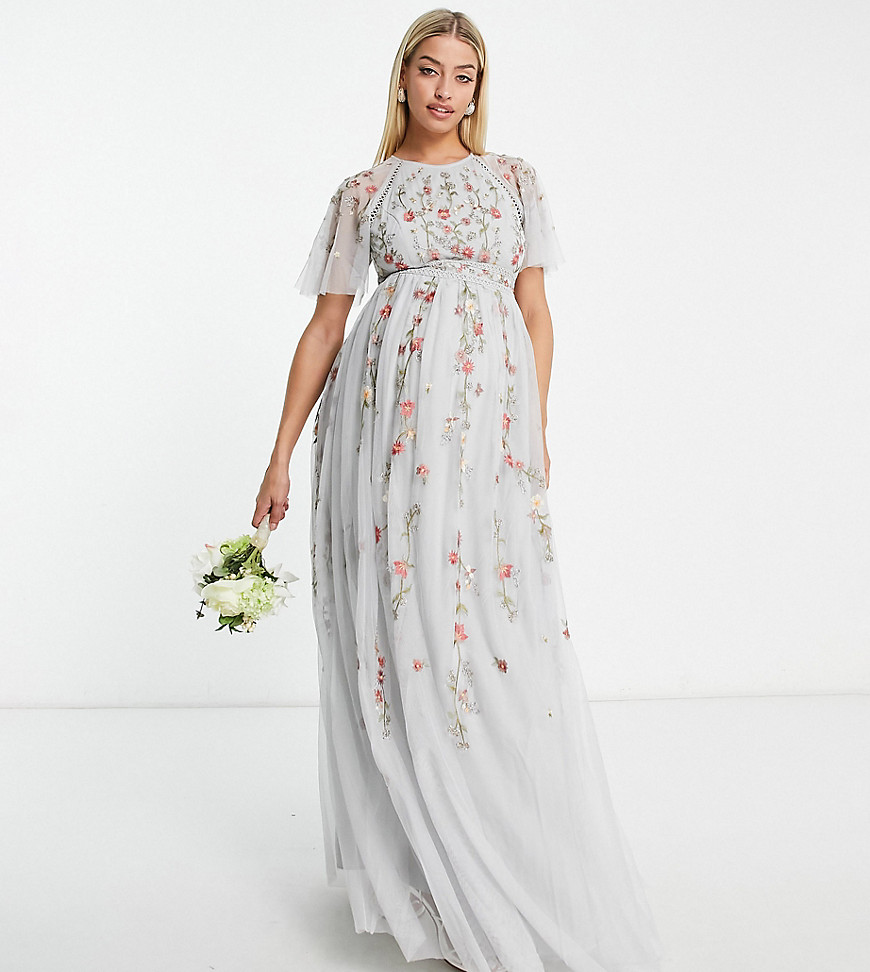 Asos Maternity Asos Design Maternity Bridesmaid Floral Embroidered Maxi Dress With Embellishment In Soft Blue