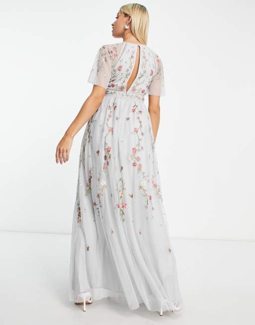 ASOS DESIGN Maternity high neck maxi dress with tie waist detail and  stencil floral embroidery