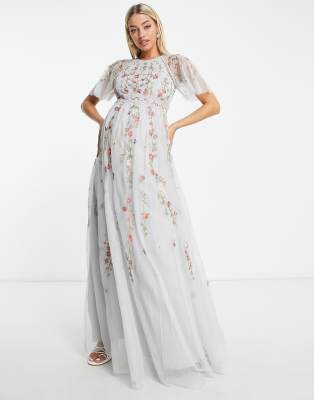 ASOS DESIGN Maternity Bridesmaid floral embroidered maxi dress with  embellishment in soft blue | ASOS