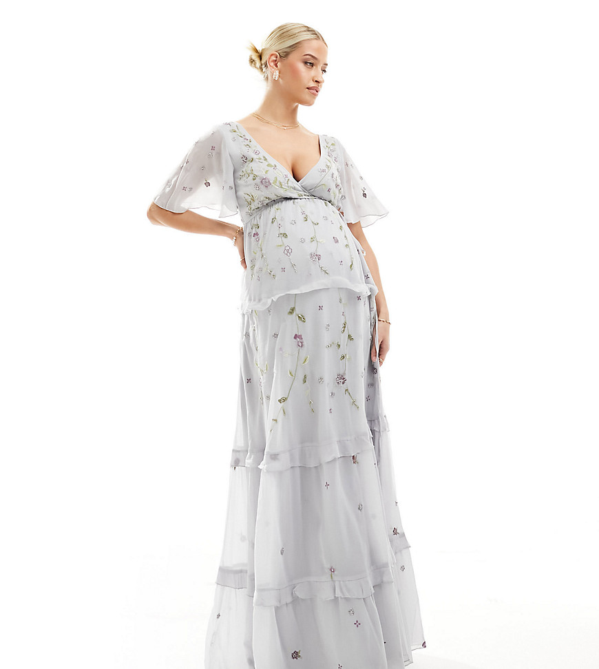 ASOS DESIGN Maternity Bridesmaid flutter sleeve embellished wrap maxi dress with embroidery in light blue