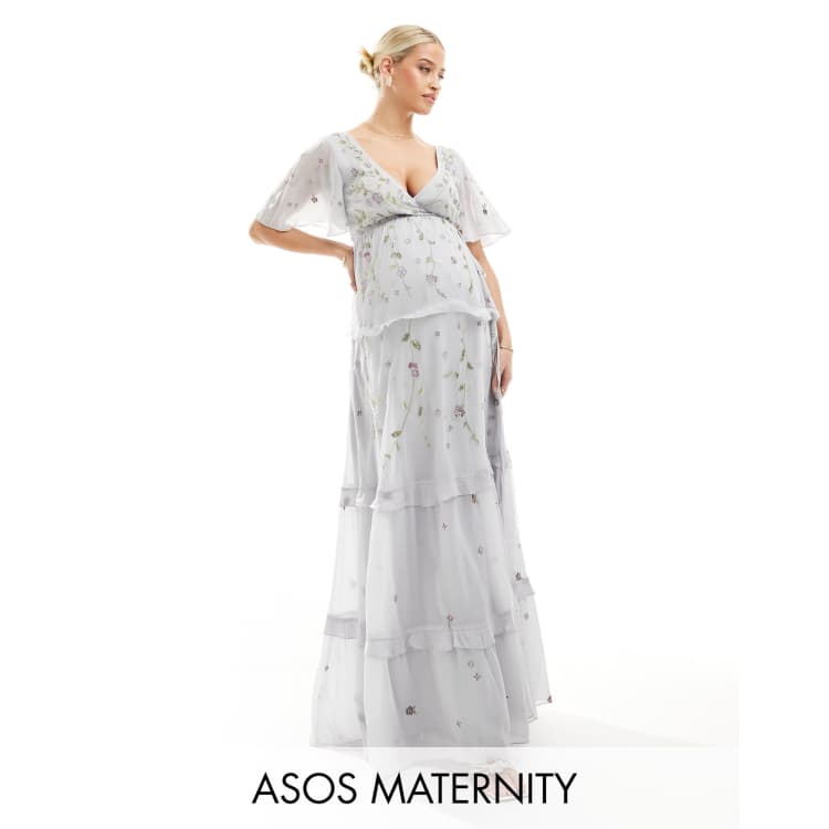 maternity bridesmaid dresses asos ASOS DESIGN Maternity Bridesmaid flutter sleeve embellished wrap maxi dress  with embroidery in light blue