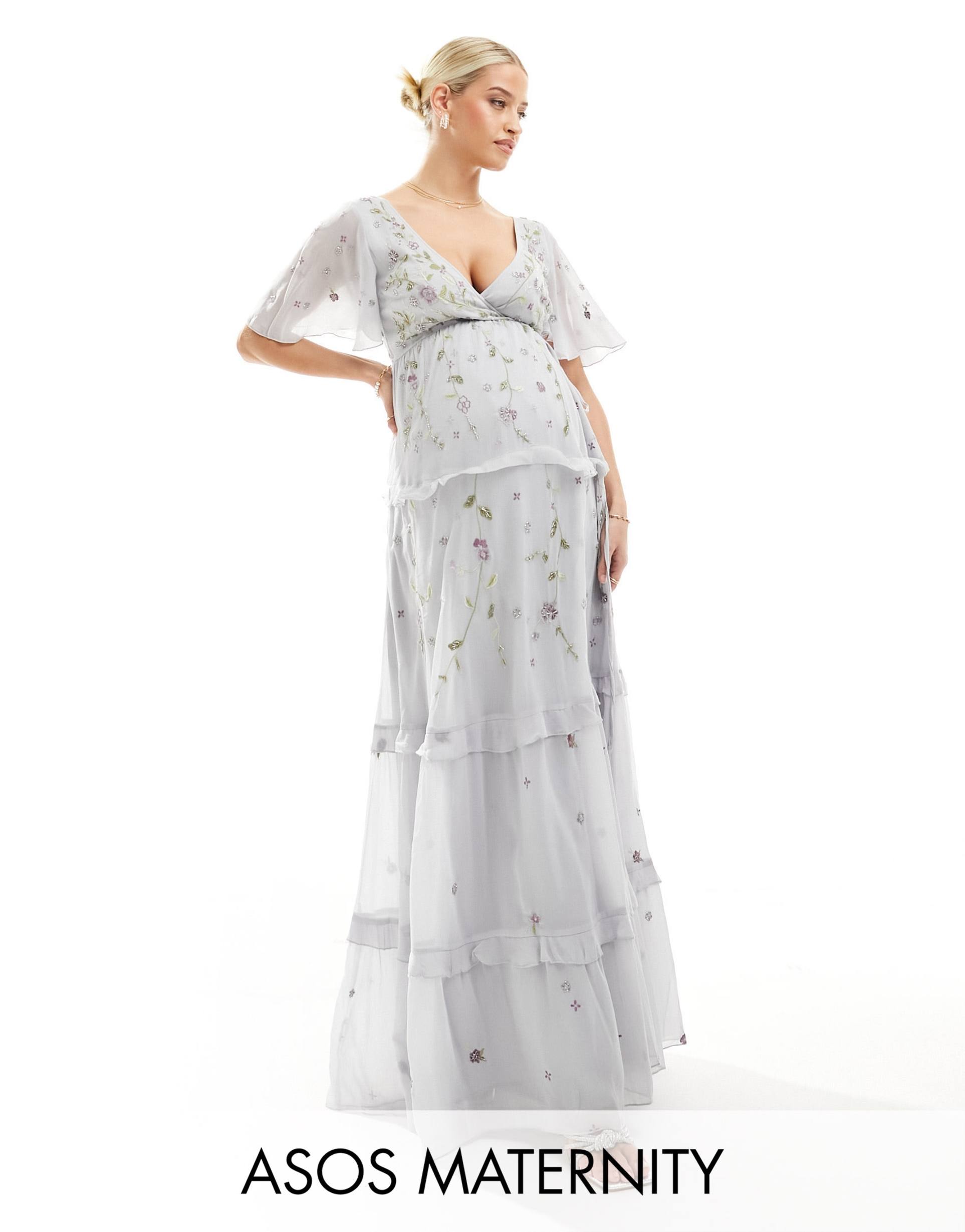 asos design maternity bridesmaid flutter sleeve embellished wrap maxi dress with embroidery in light blue