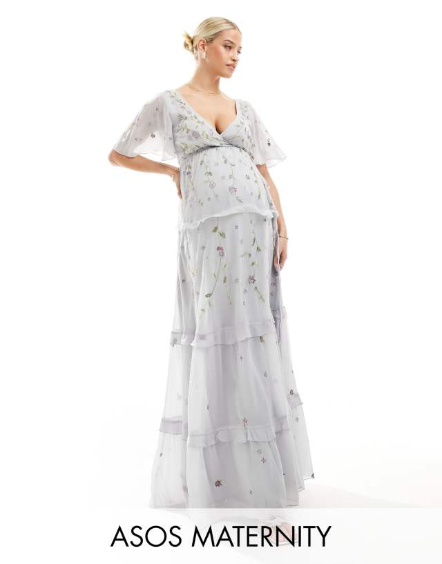 maternity bridesmaid dress asos DESIGN flutter sleeve embellished wrap maxi with embroidery in light blue Ballbella Sexy Black Strapless 2024 prom dress blue Size::12T