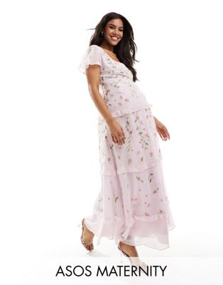 ASOS DESIGN Maternity Bridesmaid flutter sleeve embellished wrap maxi dress with embroidery in light pink-Purple