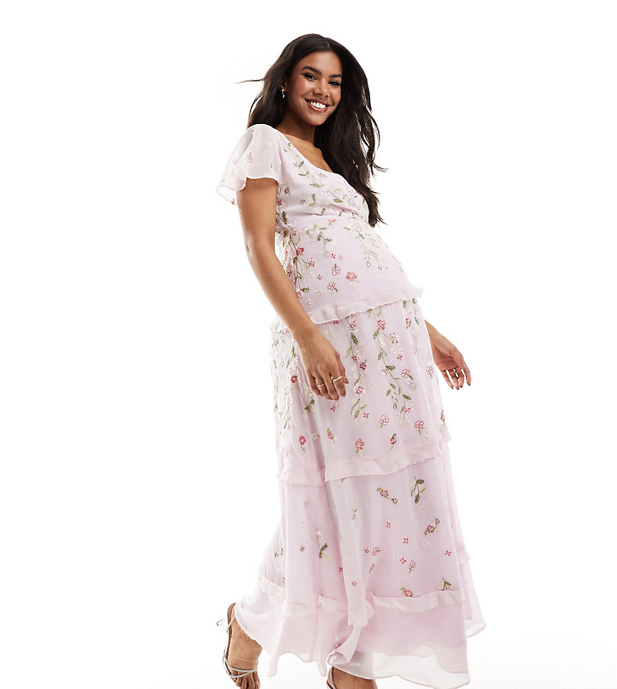 ASOS DESIGN Maternity Bridesmaid flutter sleeve embellished wrap maxi dress with embroidery in light pink-Purple
