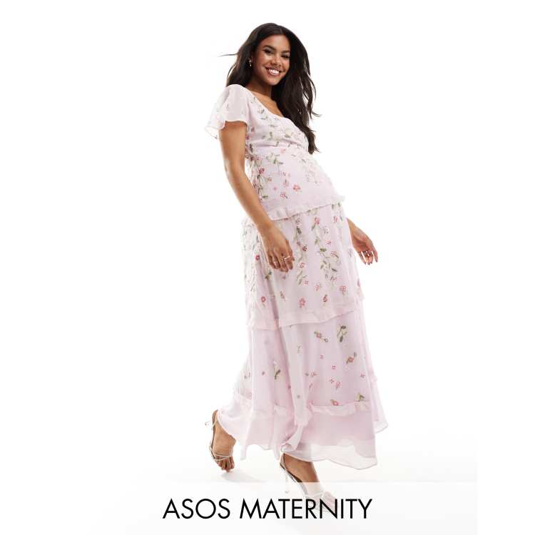 ASOS DESIGN Maternity Bridesmaid flutter sleeve embellished wrap maxi dress with embroidery in light pink ASOS