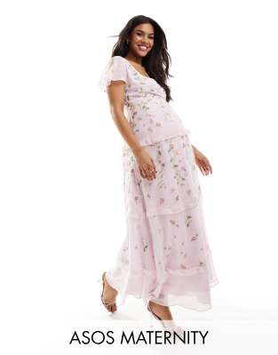 asos design maternity bridesmaid flutter sleeve embellished wrap maxi dress with embroidery in light pink