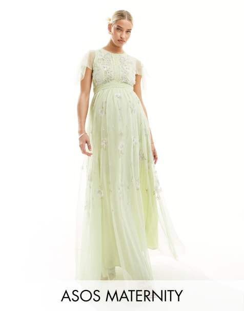 Flounce London satin flutter sleeve wrap front maxi dress in bold green