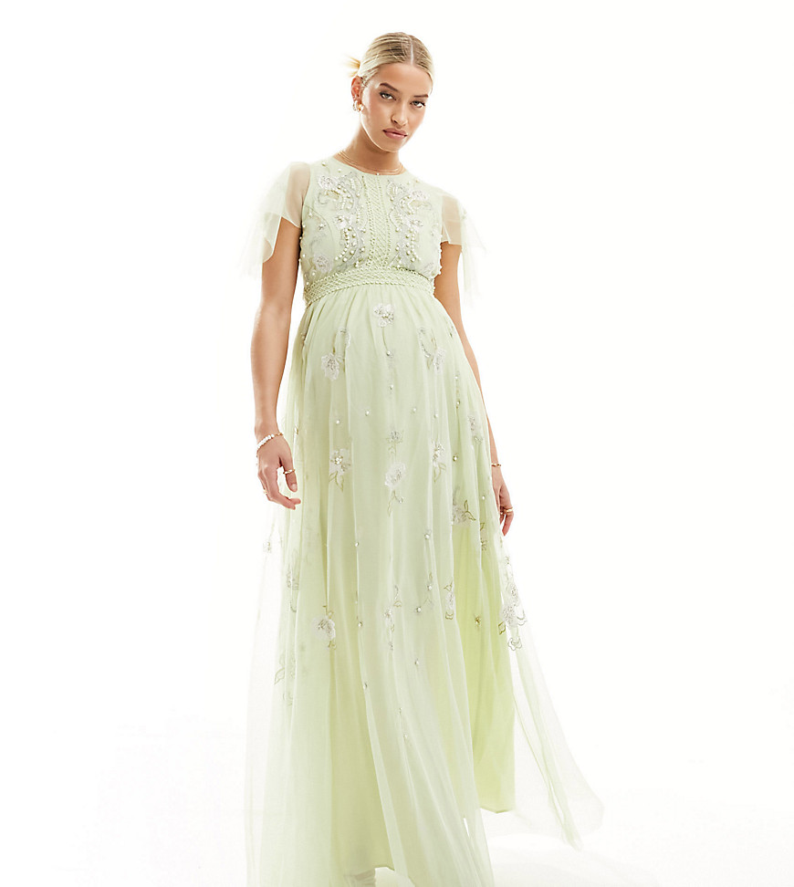 ASOS DESIGN Maternity Bridesmaid pearl embellished flutter sleeve maxi dress with floral embroidery in sage-Green
