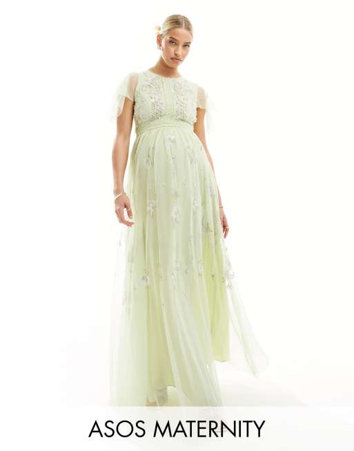 Asos Design Maternity Bridesmaid Pearl Embellished Flutter Sleeve Maxi Dress With Floral 