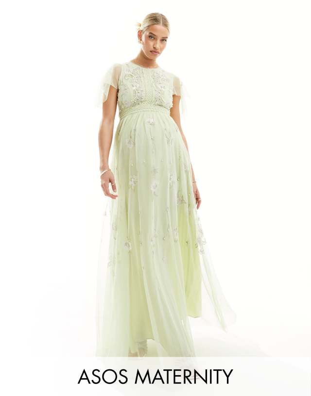 ASOS DESIGN Maternity Bridesmaid pearl embellished flutter sleeve maxi dress with floral embroidery in sage