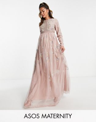 ASOS DESIGN Maternity Bridesmaid pearl embellished long sleeve maxi dress with floral embroidery in rose