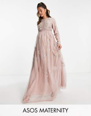 ASOS DESIGN Maternity Bridesmaid pearl embellished long sleeve maxi dress  with floral embroidery in rose | ASOS
