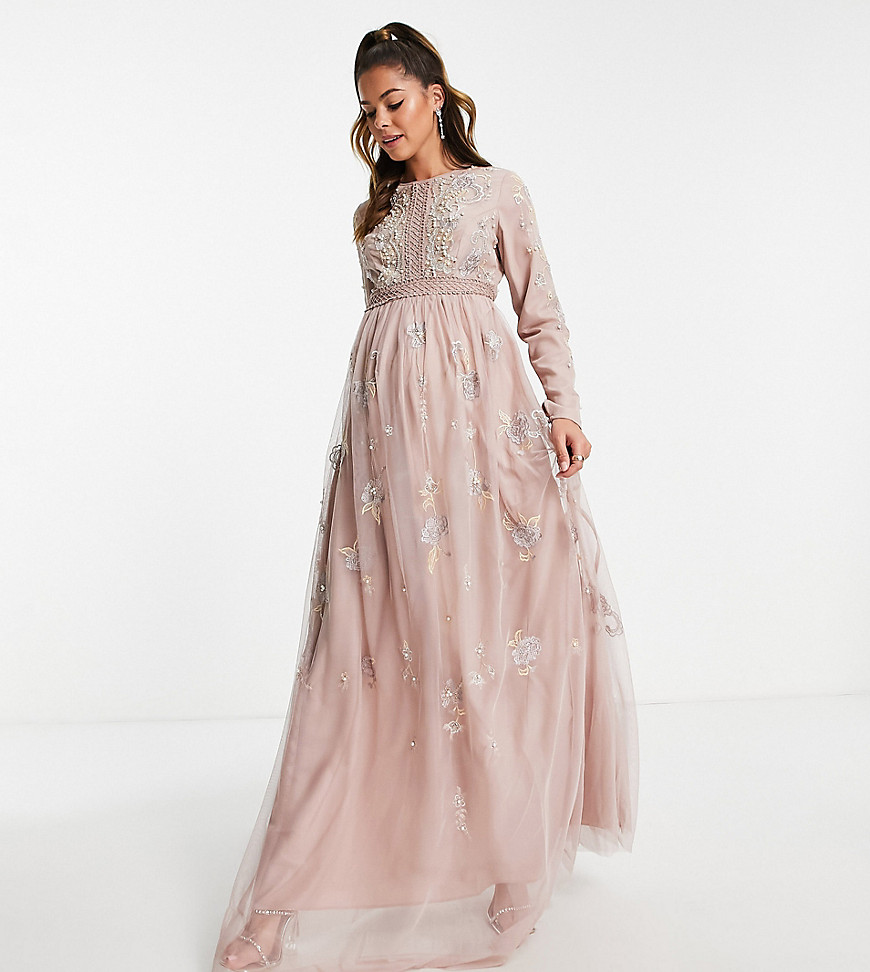 ASOS DESIGN Maternity Bridesmaid pearl embellished long sleeve maxi dress with floral embroidery in rose-Pink