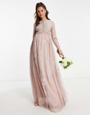 ASOS DESIGN Maternity Bridesmaid pearl embellished long sleeve maxi dress  with floral embroidery in rose | ASOS