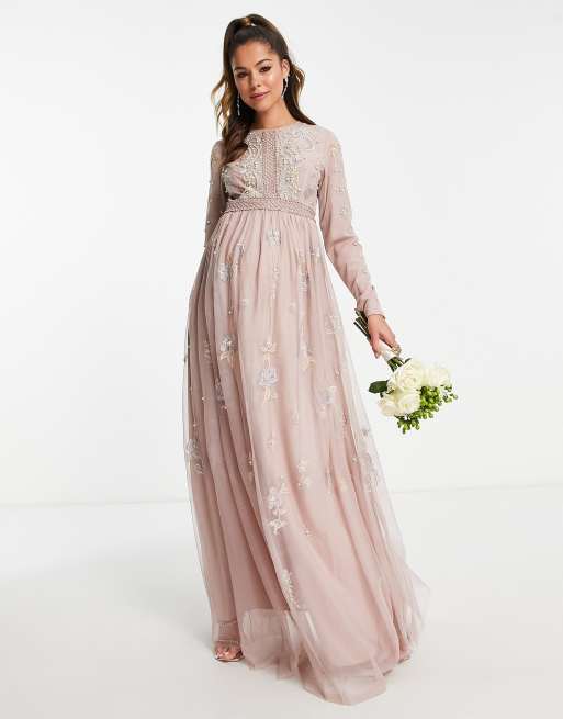 ASOS DESIGN Bridesmaid pearl embellished long sleeve maxi dress with floral  embroidery in rose