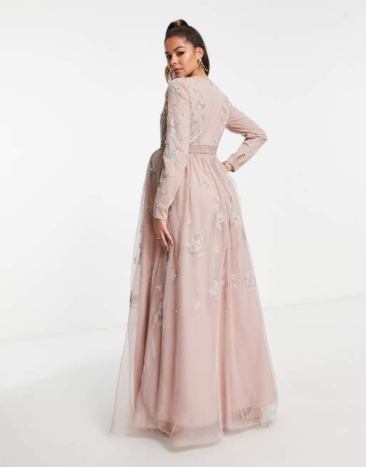 ASOS DESIGN Maternity Bridesmaid pearl embellished long sleeve maxi dress  with floral embroidery in rose