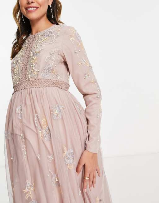 ASOS DESIGN Bridesmaid pearl embellished long sleeve maxi dress